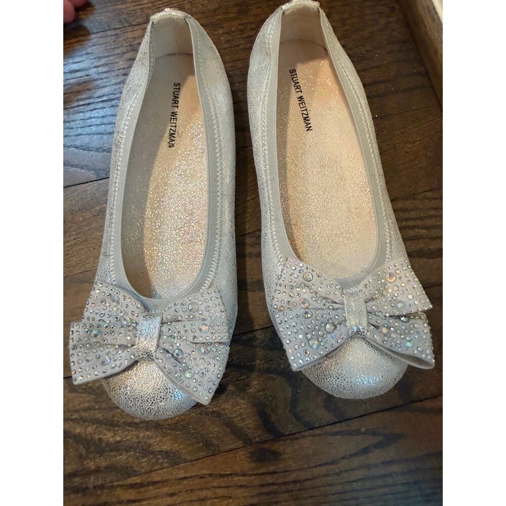 STUART WEITZMAN *FANNIE* SPARKLING SILVER BOW Big GIRLS BALLET FLATS Sz 2